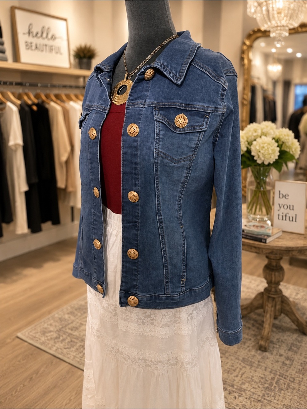 Dark Blue Denim Jacket with Gold filigree Buttons, XL. Boutique-style